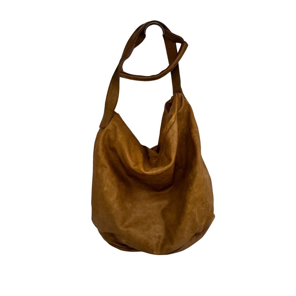 IKKS Brown Leather Hobo Shoulder Bag Large Slouchy Tote Cognac Distressed Y2K